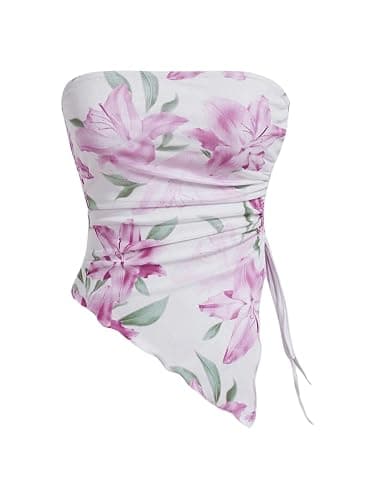Milumia Women's Floral Print Strapless Tube Top Ruched Drawstring Asymmetrical Tank Tops - Medium - Violet Purple - Image 1