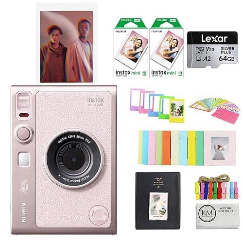 FUJIFILM INSTAX MINI EVO Hybrid Instant Camera | Gentle Rose Bundle with Instax Mini Film | 20 Exposures + 64GB Micro SD Card + Mini Album, Borders, Stickers & Clips + Cleaning Cloth (5 Items) - Image 1