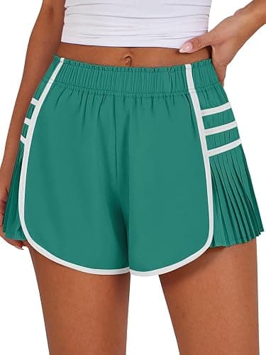 Caracilia Women Running Shorts Flowy Pleated Athletic Shorts Summer High Waisted Tennis Sporty Workout Gym Shorts - Small - Green - Image 1