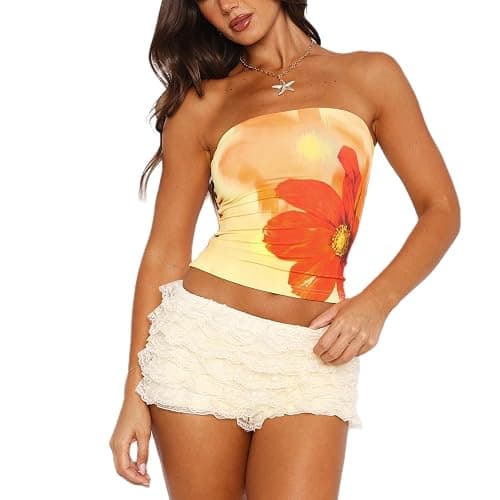 Tube Top Women Sleeveless Backless Strapless Bandeau Teen Girl Y2k Cute Floral Graphic Going Out Crop Shirt - Image 1