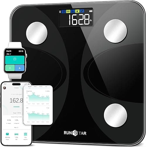 Bilancia Pesapersone e Percentuale Grasso, RunSTAR Bilancia Smart Digitale e Precisa con Ampio Display, Analizzatore di 13 Dati di Composizione Corporea, Sync App - Image 1