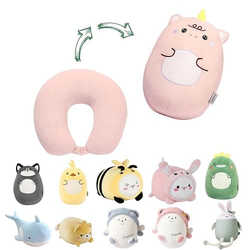 stocaggio Kids Travel Pillow - 2-in-1 Deformable Kids Neck Pillow for Traveling, Soft U-Shaped Pillow with Adorable Animal Design, Comfy Sleep and Play, Ideal for Airplanes and Cars - Pink Unicorn - Image 1