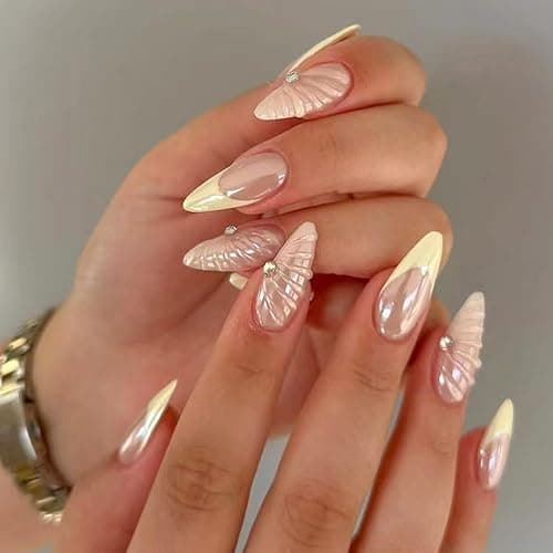 Summer Glue on Nails Short Press on Nails Almond French Tip Fake Nails Yellow Acrylic Nails with Shell Rhinestones Design Nude False Nails Glossy Almond Nails Press ons for Girls 30Pcs - Image 1