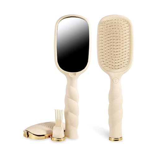 TELETIES - Detangler Hair Brush for Thick Hair - Detangling Paddle Brush - No Pulling/Breakage - Gentle Glide Anti Static Bristles - Built-In Mirror & Storage - Removable Cleaner - Tan - Image 1