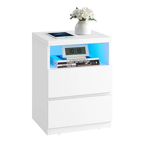 VASAGLE Nightstand with Adjustable LED Light, Bedside Table with Drawers, Side Table, for Bedroom, Modern Minimalist Style, White ULET634T14 - Image 1