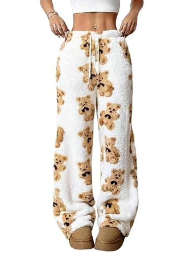 ZAFUL Women's Fuzzy Plush Pajama Pants Drawstring Elastic Waist Wide Leg Teddy Pj Bottoms Lounge Pants - Image 1