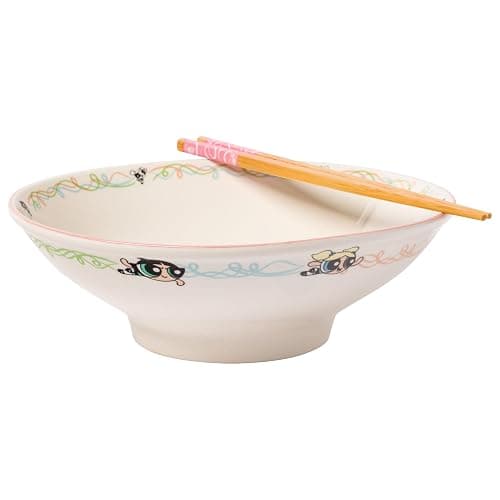 Silver Buffalo The Powerpuff Girls Featuring Bubbles, Blossom, and Buttercup Ceramic Ramen Noodle Rice Bowl with Chopsticks, Microwave Safe, 30 Ounces - Image 1