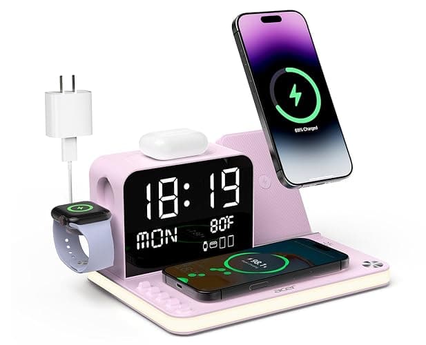 Acer 7-in-1 Wireless Charging Station with LED Clock - 30W Fast Wireless Charger for iPhone 16/15/14/13/12/Pro Max, Apple Watch, AirPods - Bluetooth Auto Time Sync & Night Lights (Purple) - Image 1