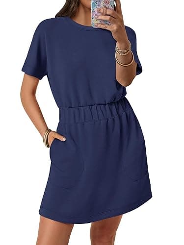 ANRABESS Womens Dresses 2025 Summer Casual Short Sleeve Crew Neck Elastic Waist Mini T Shirt Dress with Pockets - Image 1