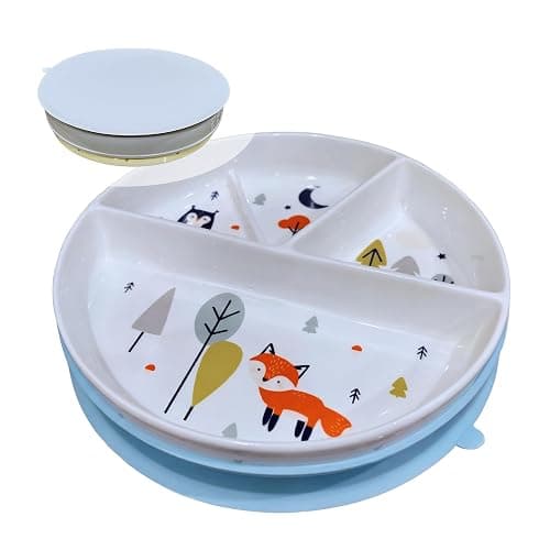 OKiBoo Non-Toxic Divided Ceramic Toddler Plate with Silicone Lid & Non-Slip Base, 8 Inch Microwave & Dishwasher Safe Porcelain Dish for Babies, Kids, Animal Design (Sky Mist) - Image 1