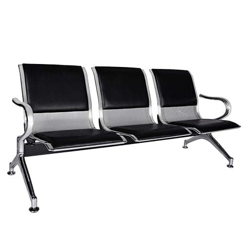 Waiting Room Chairs Guest Reception - 3-Seat Waiting Room Bench with Arms Airport Reception Bench Guest Reception Chairs PU Leather Office Chair for Airport Market Bank Hospital School, Black - Black Leather - 3-seater - Image 1