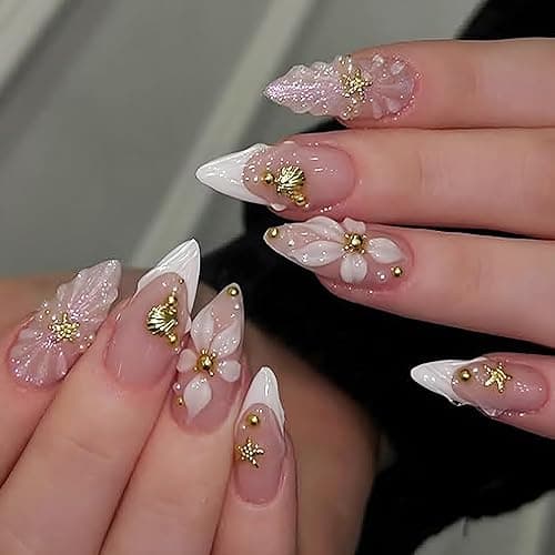 24Pcs 3D Almond Press on Nails Medium White French Tip Fake Nails Gold Beads Shell Starfish Rhinestones Design Flower Glue on Nails Spring False Nails Handmade Acrylic Nails for Women Manicure - Image 1
