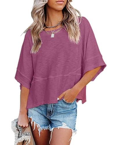 Sovelen Women's Summer Casual Crewneck Batwing Half Sleeve T-Shirts Solid Color Loose Fit Cute Basic Flowy Tops Tees Blouses - Image 1