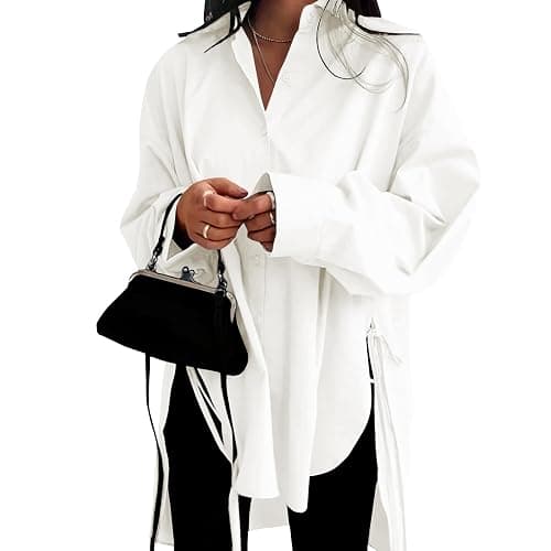 VNIRA Oversized Button Down Shirts for Women Long Sleeve Shirt Dress V Neck Split Sexy High Low Blouse with Straps - Image 1