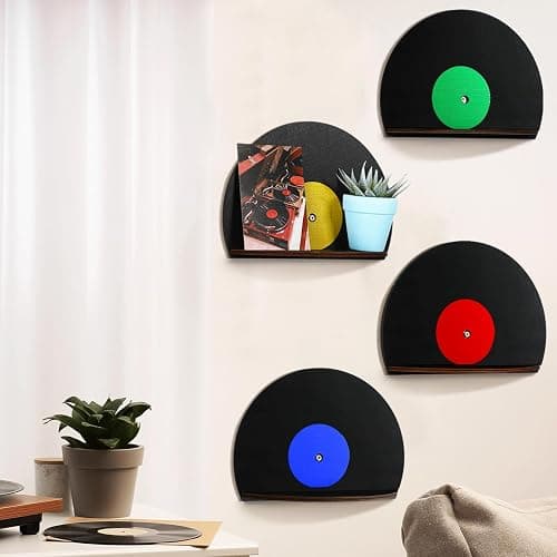 Threehoney 4 Pcs Vinyl Record Wall Decor Music Art Themed Wall Storage Shelf Blank Record Shaped Hanging Sign Aesthetic Music Theme Home Decoration for Room Bedroom Party Decor(Classic,Wooden) - Image 1