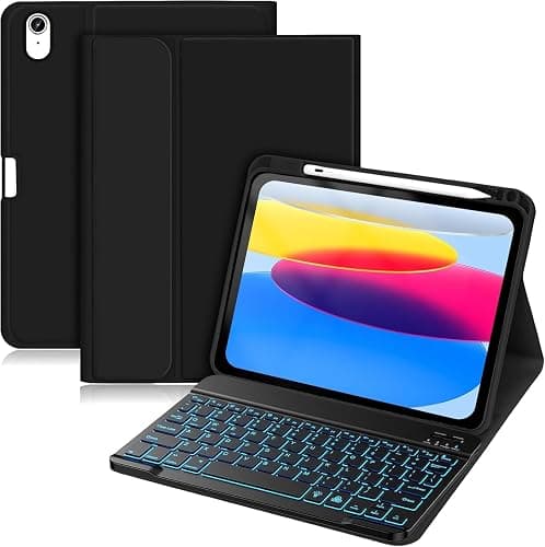 Palkitsee Hülle mit Tastatur für iPad A16 11. Generation 2025 / iPad 10. Generation 2022 (11/10.9 Zoll), Abnehmbares Wireless Keyboard, 7 Farben Beleuchtet, mit Stifthalter (Schwarz) - Schwarz - Image 1