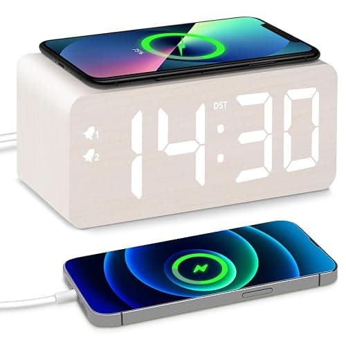 URAYCO Wooden Digital Alarm Clock, 10W Fast Wireless Charger Station & 2 USB Charging Ports, with 0~99% Dimmer, Dual Alarm, Weekday/Weekend Mode, Wood LED Clock for Bedroom, Desk, Office - Image 1
