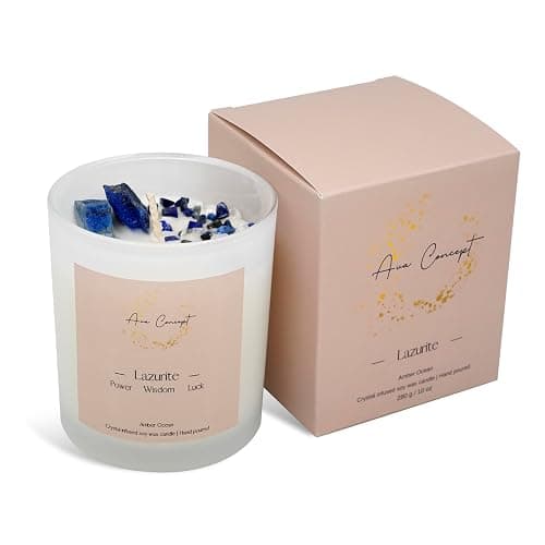 Ava Concept Lazurite Crystal Candle – 10oz / 280g | Amber Ocean Aromatherapy | Hand-Poured Soy Wax | Genuine Lapis Lazuli Healing Crystals Embedded | Power, Wisdom & Luck | Gift Box Included - Image 1