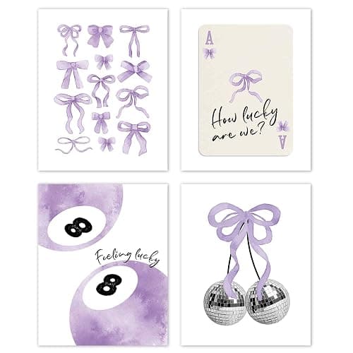 TLESKE Purple Coquette Bow Preppy Posters Prints Unframed 8x10 Set of 4, Trendy Aesthetic Lucky 8 Balls Wall Art Prints Decor for Teen Girls Dorm Bedroom, Retro Playing Card Disco Ball Wall Pictures - Image 1