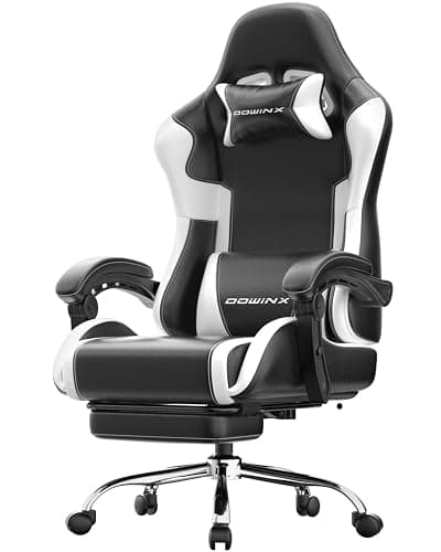 Dowinx Ergonomic Gaming Chair with Footrest, Heavy Duty 330lbs Office Chair, Massage Lumbar Support, Adjustable Height & Headrest Pillow, Comfortable for Back Pain Relief Streaming Long Gaming White - Image 1