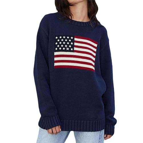 Women American Flag Sweater Long Sleeve Crew Neck Loose Fit Knit Pullover Tops USA Casual Loose Pullover Sweater - Image 1