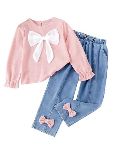 Axumity Kid Girl 2pcs Clothes Spring Summer Outfits Cute Sweet Bowknot Long Sleeve Bowknot Top + Denim Pants Set - Image 1