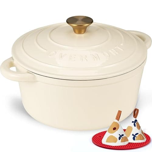Overmont Casseruola in Ghisa Smaltata - Antiaderente Forno Olandese con Coperchio - Ø28 CM Rotonda Cocotte per Adatto a Piani di Cottura e Forni a Induzione - Bianco - Image 1