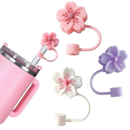 BTYHAOS Silicone Straw Caps for 10mm Tumblers | Reusable Dust-Proof Straw Toppers Compatible with Stanley 30oz & 40oz Tumblers (Purple Flower 3pc) - Image 1