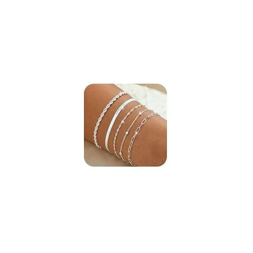 Feskive Gold Bracelets for Women ,Waterproof 14k Gold/Silver Plated Stackable Bracelet Set Non Tarnish Trendy Gold Jewelry Dainty Layered Figaro Rope Beads Paperclip Thin Link Chain Gifts for women - 5Layers Beads SL - Image 1