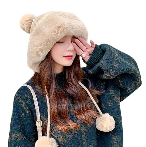 Fluffy Knit Beanie Hats for Women Winter Faux Fur Warm Knit Crochet Skull Cap with Pompom Outdoor Ear Cover - Image 1