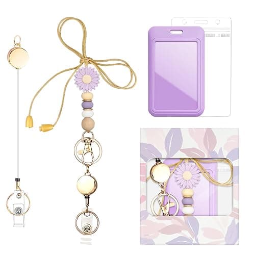 Colorful ID Badge Holder with Silicone Beads Lanyard Set,Cute Teacher Breakaway Lanyard for Keys & Keychain with Cute Retractable Badge Reel Holder,Gift for Women,Nurse, Teacher. (Purple Daisy) - Image 1