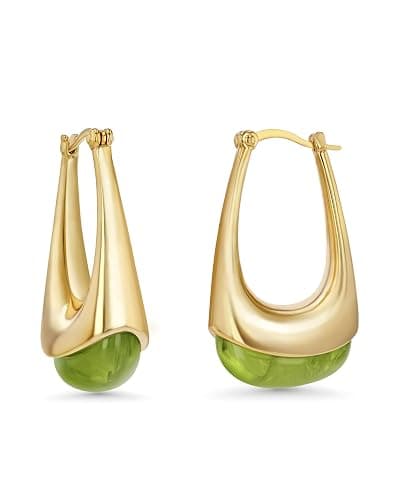 Long Oval Chunky Dangle 18K gold plated Hoops with Colored Resin Gemstone Statement Earrings for Women by SNGIA, (Green, Brown, Blue, Pink, White, Cream), Bold Drop Handmade Exaggerated Irregular Trendy Bohemian Jewelry Gifts, Unique Dangling Teardrop Baroque Stone Summer Beach Fashion Earrings Accessories, Round Vintage Thick Circular Nickle Free Huggies Hoop Earrings. - Image 1
