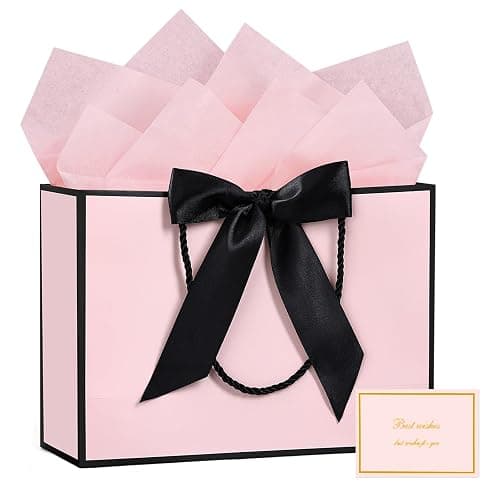 JMANNI Gift Bags with Handles, 13” Medium Gift Bag for Presents, 1 Pcs Bags with 2 Tissue Paper and 1 Cards for Baby Shower Wedding Bridal Shower Mother's Day Birthday Party (Black-Pink) - Image 1