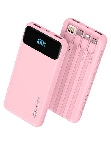 Nusyddy Portable Charger 10000mAh with 4 Built-in Cables & 6 Outputs Pink | PD20W Fast Charging, Slim & Compact, LED Display, Pass Through, 6-Devices-in-1, TSA Approved, Fits iPhone, iPad, Samsung - Image 1