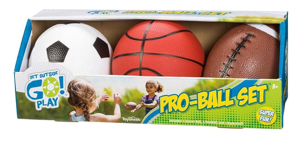 Toysmith Get Outside GO! Pro-Ball Set (Pack of 3) – Small Toddler Sports Balls for Ages 3+ – Includes 5″ Soccer, 6.5″ Football & 5″ Basketball – Indoor or Outdoor Play, Backyard Toy & Gift for Kids - Image 1