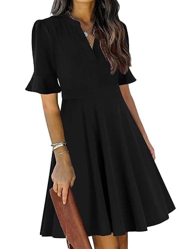 Mokayee Womens Summer V Neck Ruffle Short Sleeve Fit and Flare Knee Length Church Wedding Guest Dresses with Pockets - Image 1