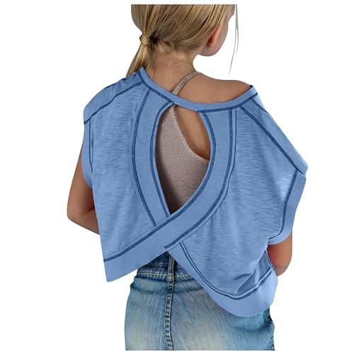 Summer Tops for Kids Girls Motion Fashionable Cute Round Neck Short Sleeve Shirts Sports Casual Backless Tees - Image 1