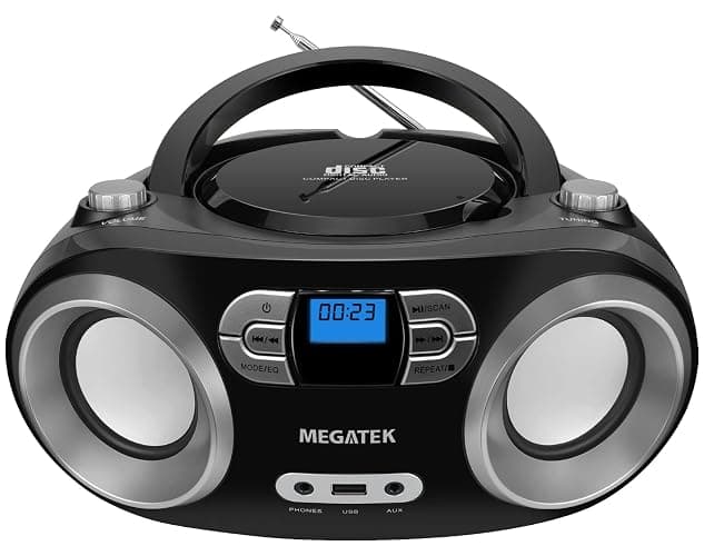 MEGATEK Portable CD Player Boombox with FM Radio, Bluetooth, USB Port, AUX Input, and Headphone Jack – CD-R/CD-RW/MP3-CD Compatible, Clear Stereo Sound, Backlit LCD Display – Black - Image 1