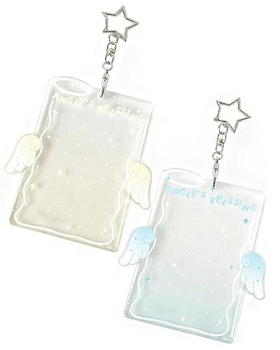 Angel Wing Photocard Holder Keychain 2 Pack- Clear Acrylic Photo Display and Badge Holder for Kpop, Student ID, Bus Card, and Credit Card (Blue Yellow) - Image 1
