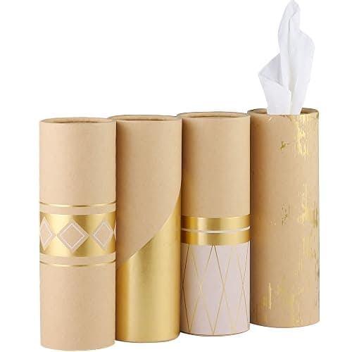 Car Tissue Holder with 3-ply Facial Tissues Bulk - 4 PK Gold Foil Cylinder, for Car, Travel Cup Holder, Refill Box Round Container Kraft - Image 1
