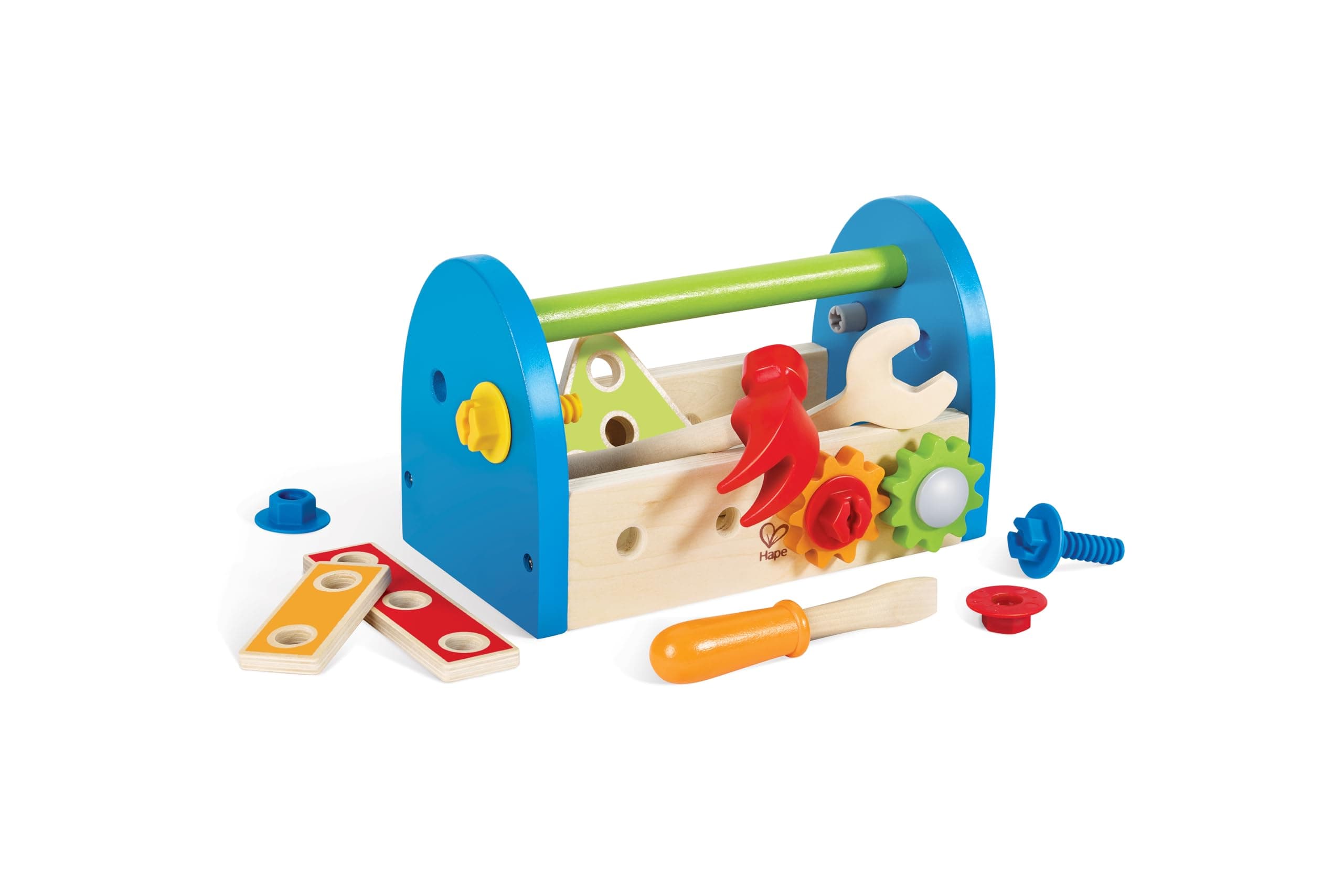 Hape Fix-It Toolbox with Accessories, Colorful Construction Workbench Bolting Tool Set for Kids, Trouble-Solving Pretend Playset, 17 Pieces - Image 1