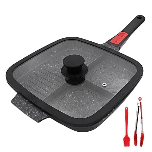 Bobikuke 3 Section Grill Pan for Stove Tops with Detachable Handle, Nonstick Versatile Griddle Pan with Lid, Square Skillet PFOA Free, Black - Image 1