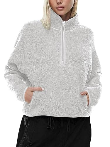 LASLULU Womens Half Zip Pullover Cropped Sweatshirts Sherpa Fleece Jacket Fuzzy Sweaters Cute Winter Jackets with Pockets - Image 1