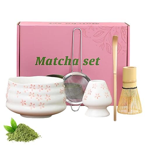 XPJBKC Matcha Whisk Set, 5 PCS Matcha Set Pink, Reusable Matcha Whisk and Bowl, Matcha Powder Strainer, Gift for Beginners and Enthusiasts (Sakura) - Image 1