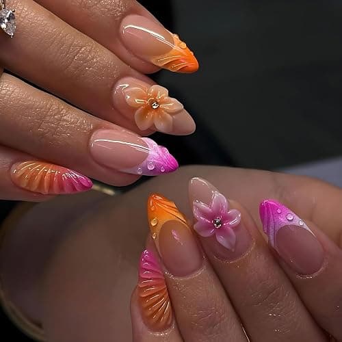 LPOODDNU Colorful French Tip Press on Nails - Medium Almond Fake Nails with 3D Flower Ocean Designs, Glossy Finished Reusable False Nails with Adhesive Glue Tabs - 24Pcs Nail Kit for Women Manicure - Image 1