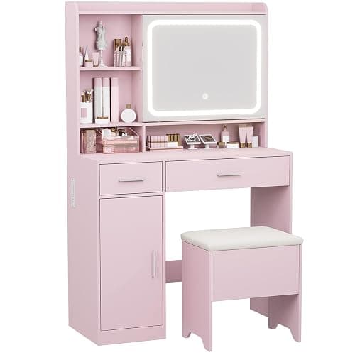 Hogxp Vanity Desk with Sliding Mirror & Power Outlets - Dimmable LED Lighting, 4 Open Shelves, 2 Drawers, 1Storage Cabinet & Padded Stool - Ideal Bedroom Makeup Dressing Table οΌPinkοΌ - Image 1