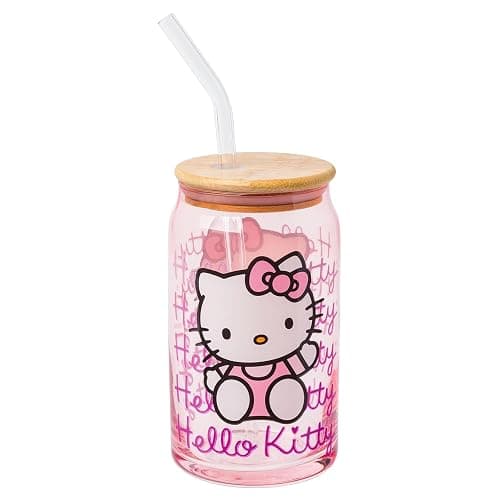 Silver Buffalo Sanrio Hello Kitty Waving Pink Glass Jar Tumbler with Bamboo Lid and Glass Straw, 16 Ounces - Image 1