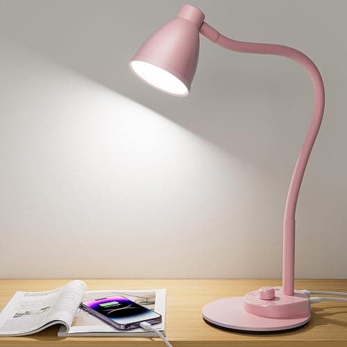 BOHON Cute Desk Lamp with USB Charging Port, Pink Lamp 3 Color Modes Dimmable LED Reading Lamp, Flexible Gooseneck Auto Dimming Table Task Light for Home Office Dorm Bedside, Pink - Image 1
