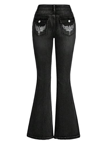 MakeMeChic Women's Flared Jeans Bell Bottom Jeans Embroidered Y2K High Waist Stretchy Denim Pants - Image 1