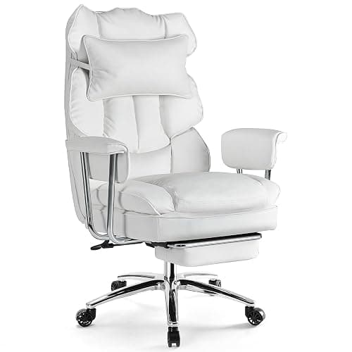Sweetcrispy Executive Home Office Desk Chair - Ergonomic Big Tall High Back with Footrest & Lumbar Support, Reclining Height Adjustable, Comfy PU Leather Computer Gaming with Swivel Wheels, White - Image 1